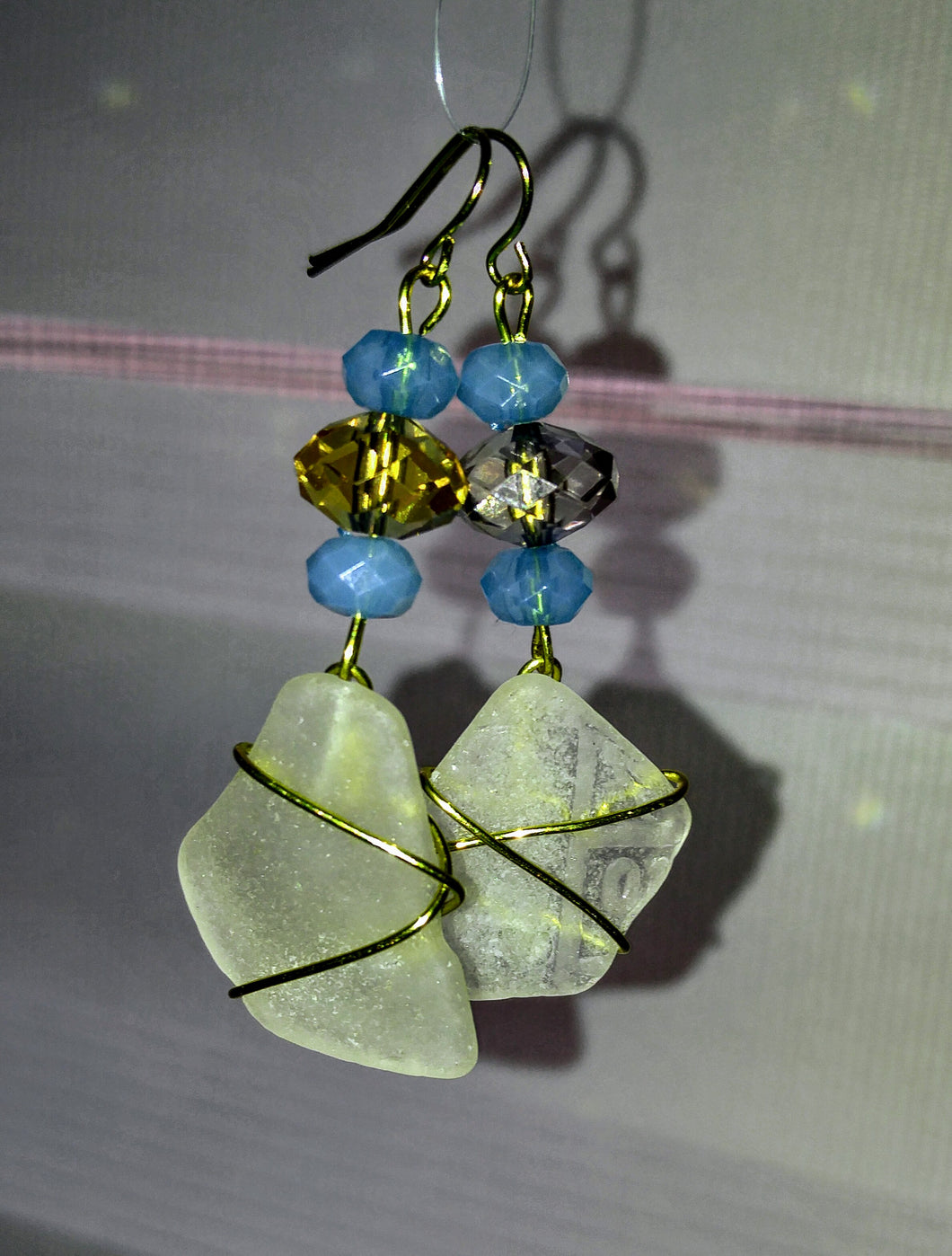 Seaglass gypsy earrings with beautifully mismatched middle beads!