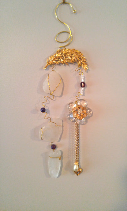 Seaglass and Crystal Flower suncatcher hanging